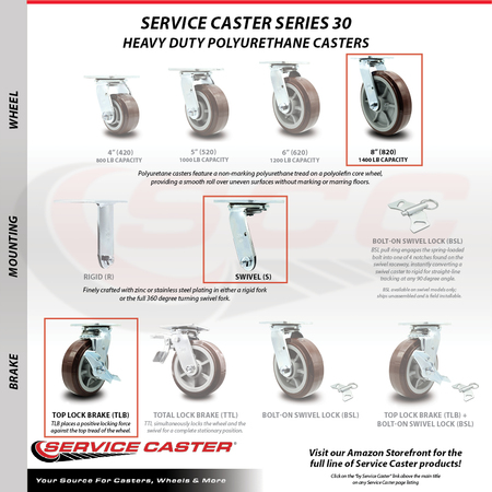 Service Caster 8 Inch SS Polyurethane Swivel Caster Set with Roller Bearings and Brakes SCC SCC-SS30S820-PPUR-TLB-4